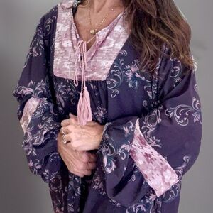 Women’s Boho Burnout Velvet Shirt 3x Duster Kimono Tassel Hippie Whimsy Top Plus